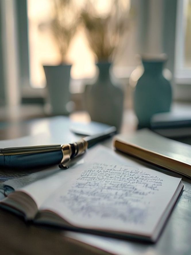Handwritten notes and tracking charts on a wooden table