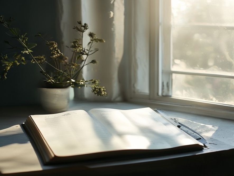 Open journal with pen and reflection prompts on a bright desk